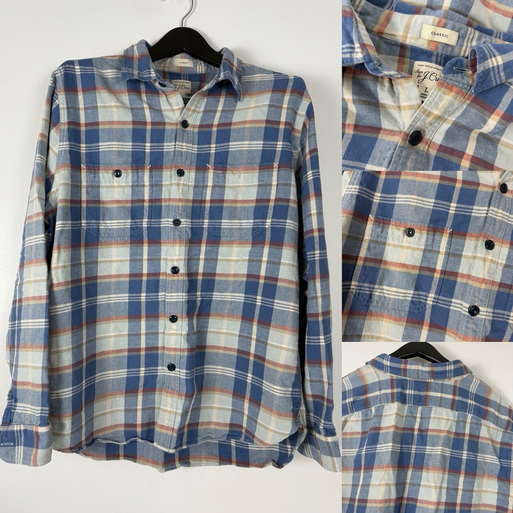 J Crew Shirt‎ Mens Large Button Up Blue Check Cotton Pocket Classic Plaid